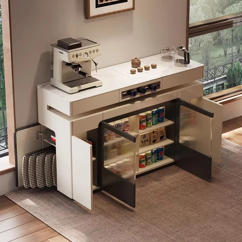 Îlot de cuisine multifonctionnel avec table pivotante à 180° et plateau semi-circulaire rabattable