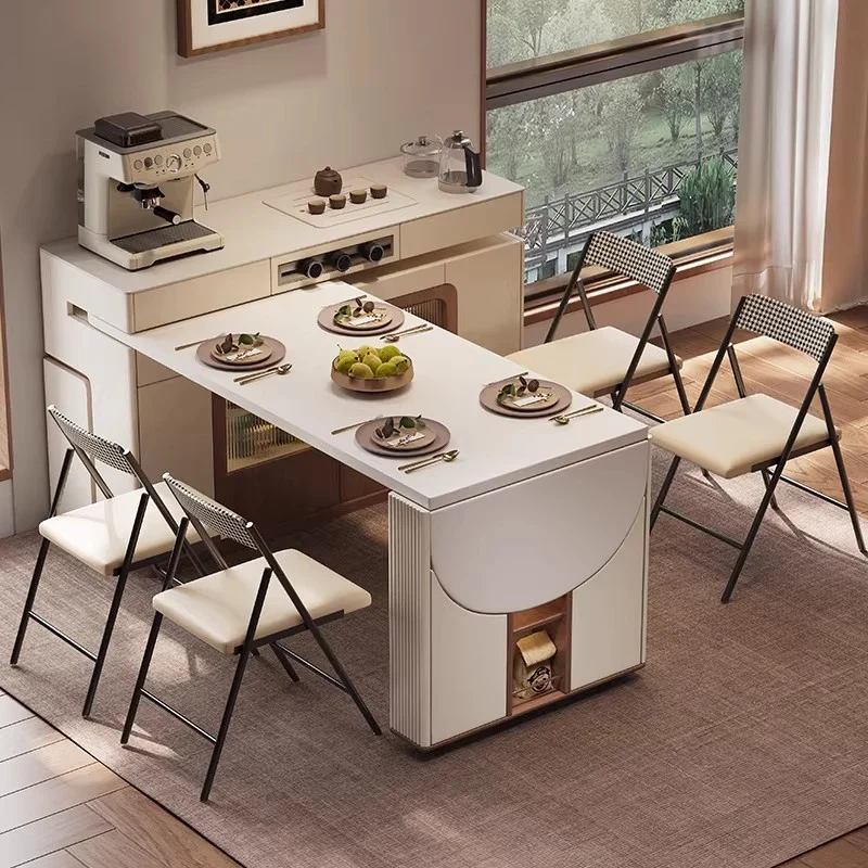 Îlot de cuisine multifonctionnel avec table pivotante à 180° et plateau semi-circulaire rabattable