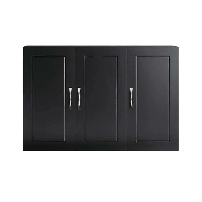 sebuyfr.comG231-L-SCH Meuble Haut Suspendu Noir 90 cm avec 3 Portes et Étagère Réglable – MDF E1, Charge 36 kg, Sangle Anti-Basculement
