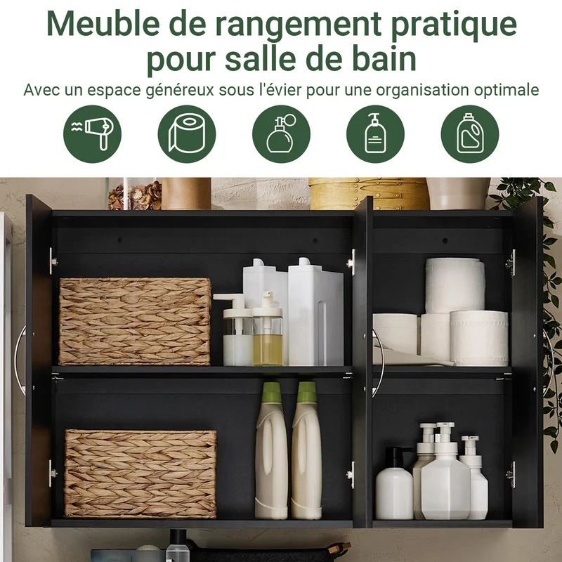 sebuyfr.comG231-L-SCH Meuble Haut Suspendu Noir 90 cm avec 3 Portes et Étagère Réglable – MDF E1, Charge 36 kg, Sangle Anti-Basculement