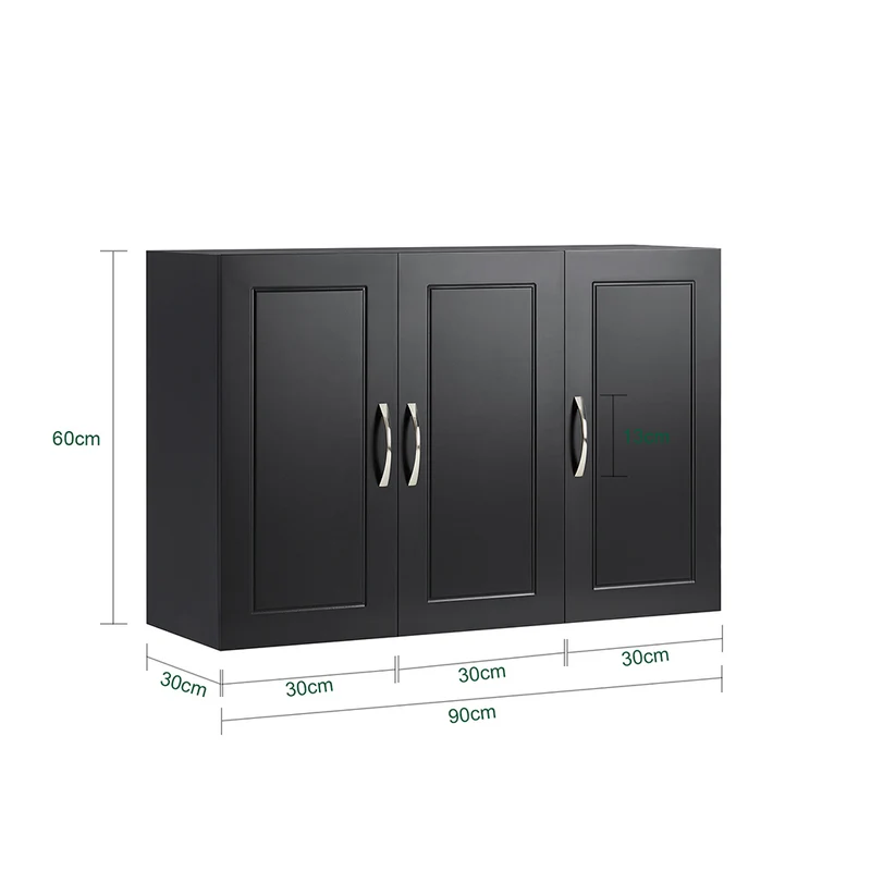 sebuyfr.comG231-L-SCH Meuble Haut Suspendu Noir 90 cm avec 3 Portes et Étagère Réglable – MDF E1, Charge 36 kg, Sangle Anti-Basculement