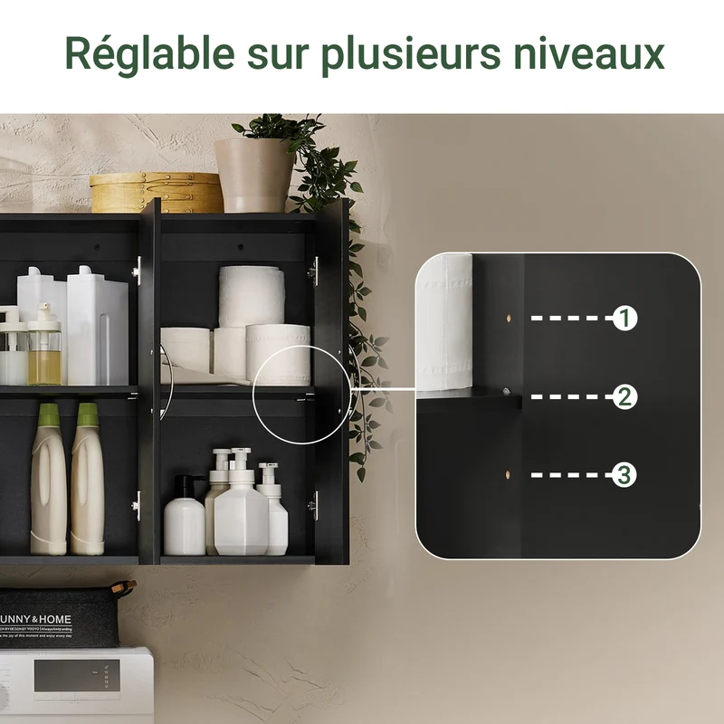 sebuyfr.comG231-L-SCH Meuble Haut Suspendu Noir 90 cm avec 3 Portes et Étagère Réglable – MDF E1, Charge 36 kg, Sangle Anti-Basculement