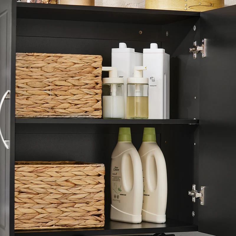sebuyfr.comG231-L-SCH Meuble Haut Suspendu Noir 90 cm avec 3 Portes et Étagère Réglable – MDF E1, Charge 36 kg, Sangle Anti-Basculement