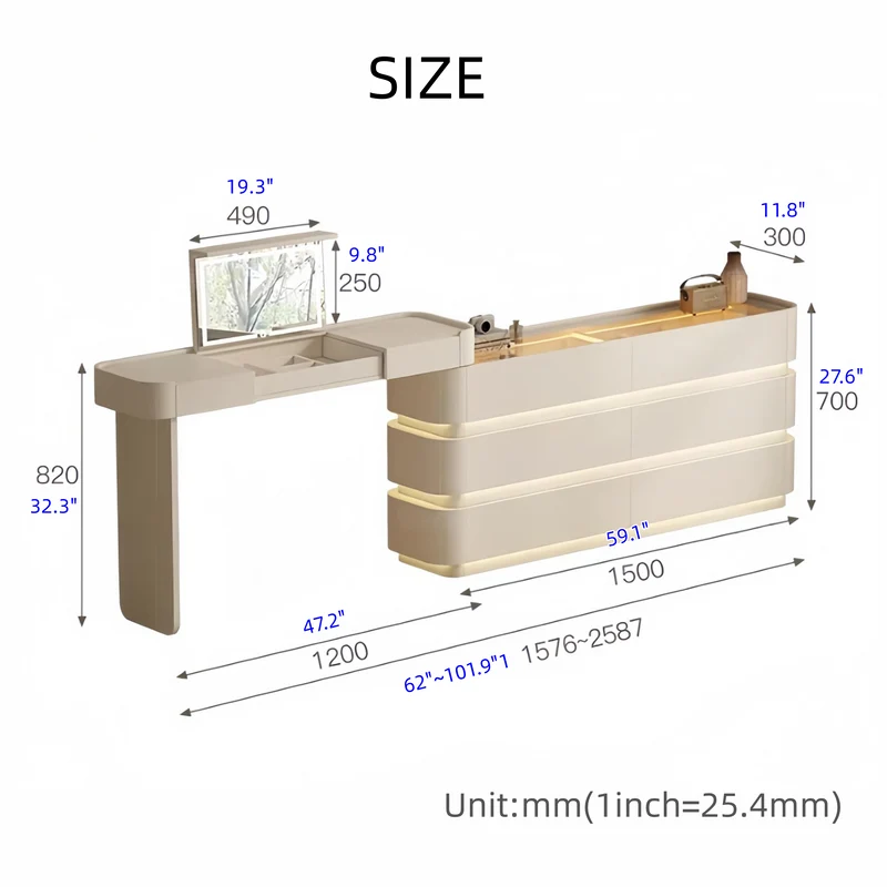 Coiffeuse moderne ultra-mince avec 6 tiroirs et éclairage LED