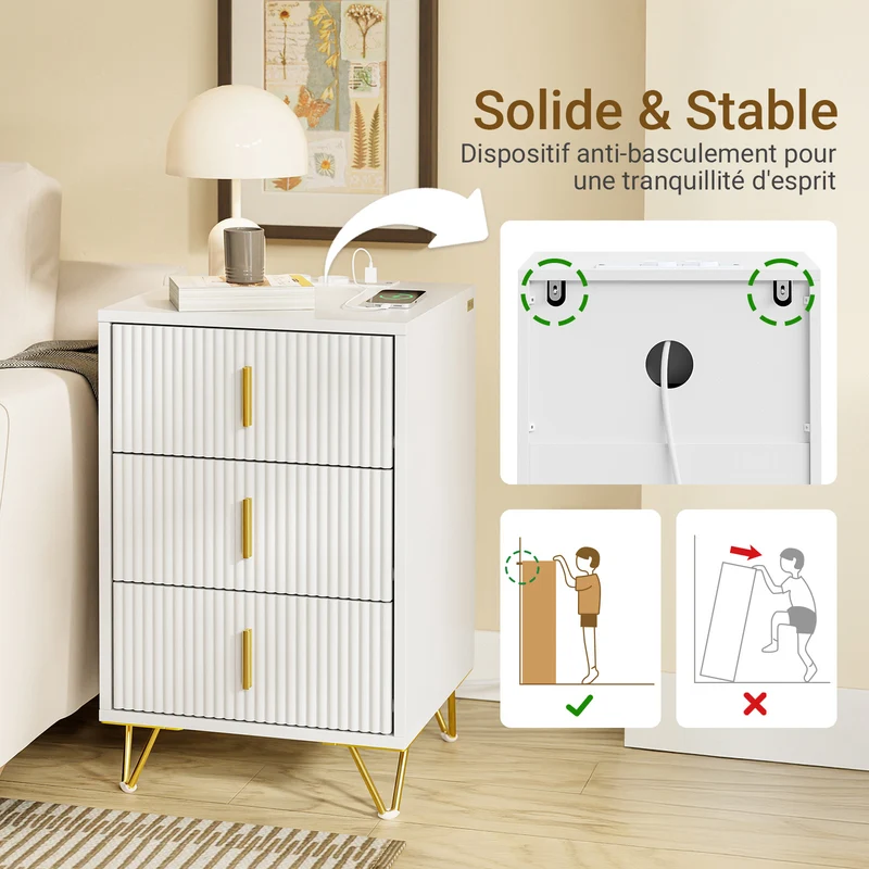 SoBuy FBT115-L-E-W Table de Chevet avec Recharge Intégrée – 2 Prises, USB et USB-C – Blanc