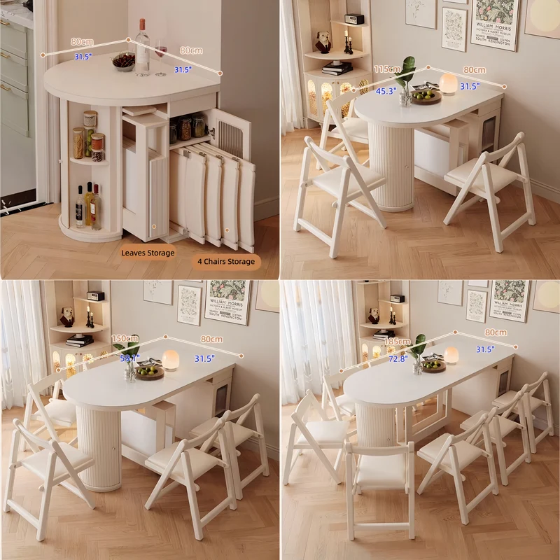 Table de salle à manger extensible en bois massif blanc crème avec rangement dissimulé et 4 chaises pliantes