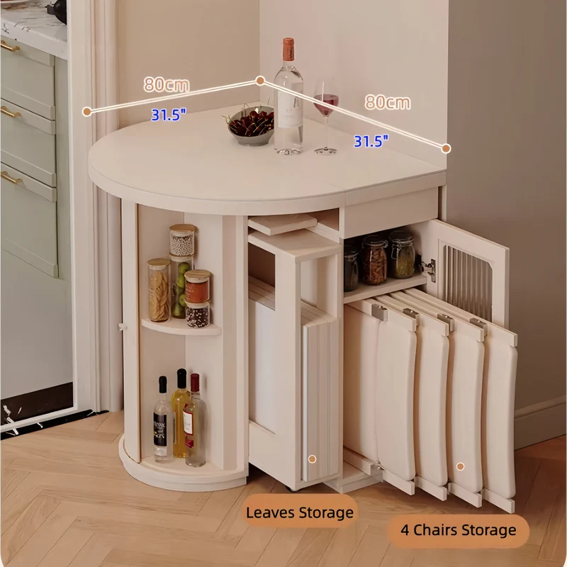 Table de salle à manger extensible en bois massif blanc crème avec rangement dissimulé et 4 chaises pliantes