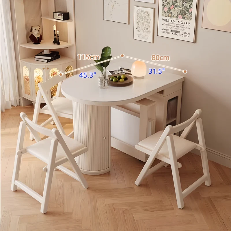 Table de salle à manger extensible en bois massif blanc crème avec rangement dissimulé et 4 chaises pliantes
