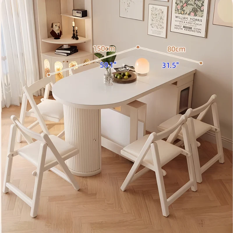 Table de salle à manger extensible en bois massif blanc crème avec rangement dissimulé et 4 chaises pliantes