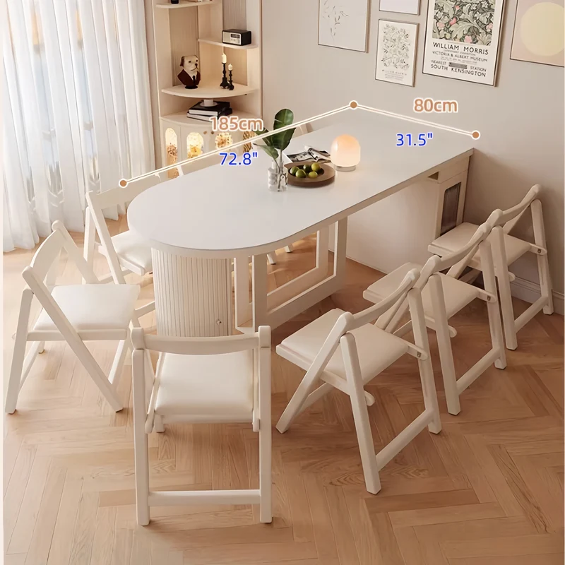 Table de salle à manger extensible en bois massif blanc crème avec rangement dissimulé et 4 chaises pliantes