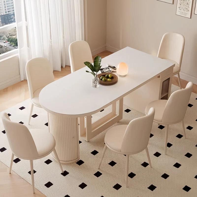 Table de salle à manger extensible en bois massif blanc crème avec rangement dissimulé et 4 chaises pliantes