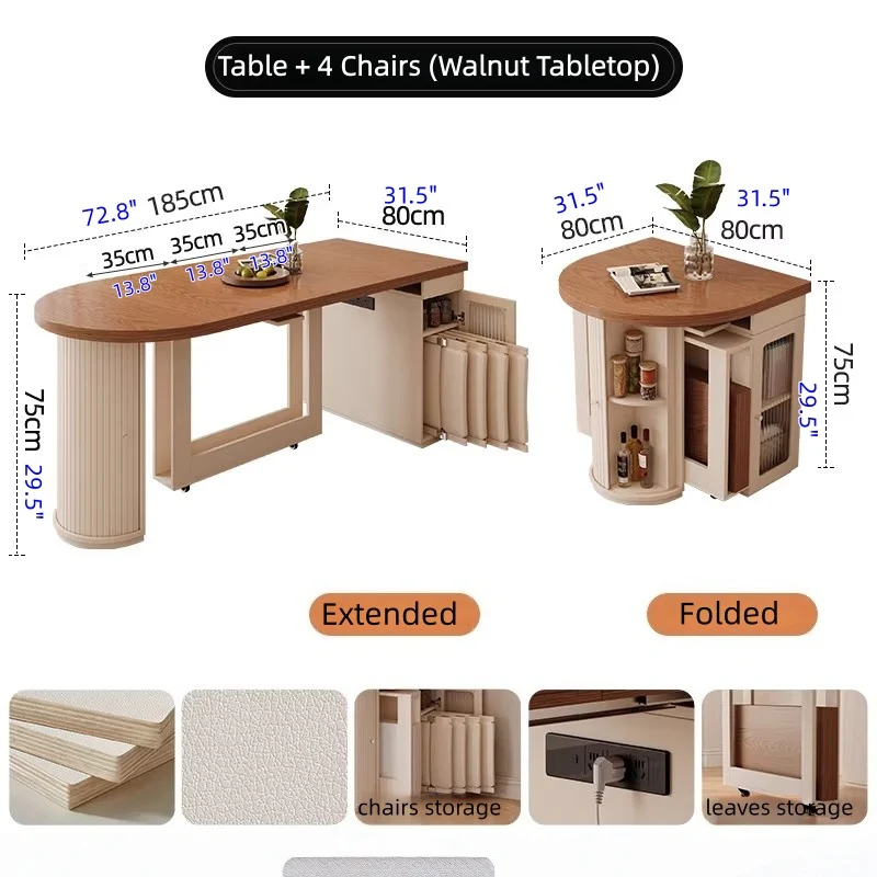 Table de salle à manger extensible en bois massif blanc crème avec rangement dissimulé et 4 chaises pliantes