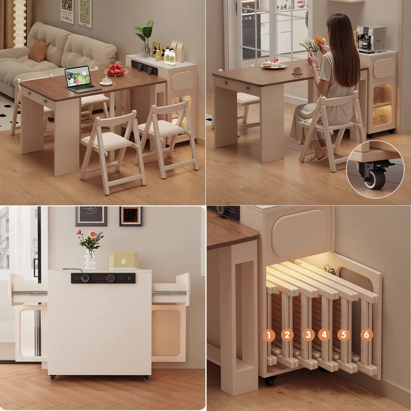 Ensemble table à manger extensible, buffet à roulettes et chaises