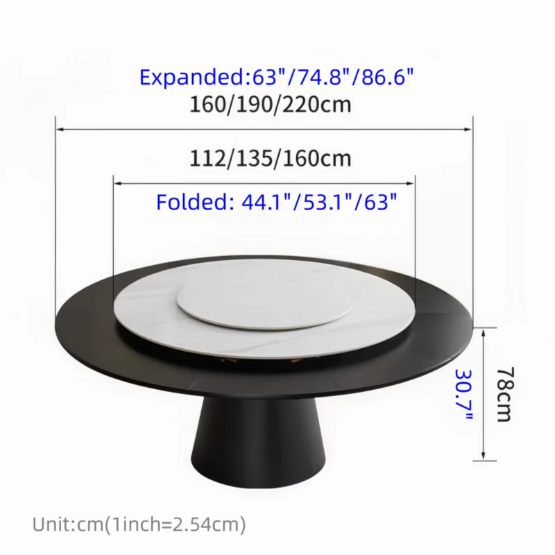 Table de salle à manger ronde avec plateau en pierre frittée et rallonge escamotable pivotante.
