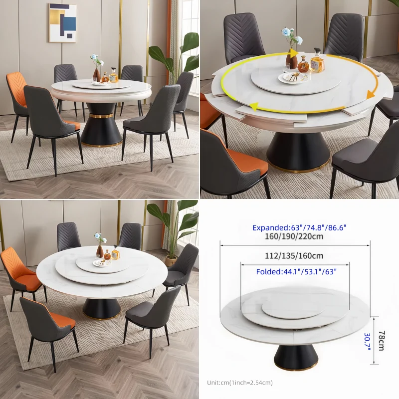 Table de salle à manger ronde avec plateau en pierre frittée et rallonge escamotable pivotante.