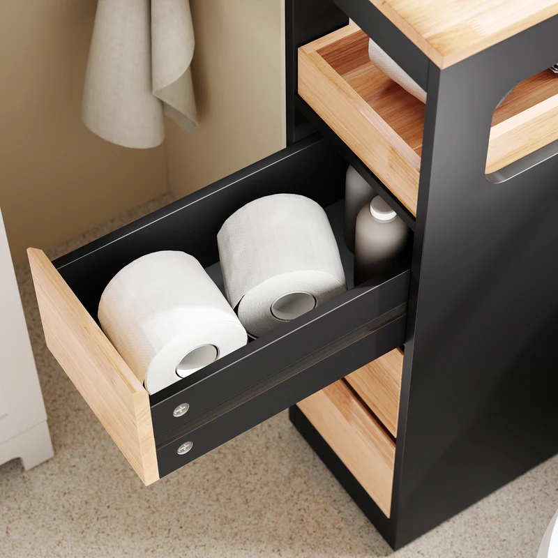SoBuy BZR54-II-SCH Meuble Salle de Bain sur Roulettes, 3 Tiroirs avec Séparateurs, Étagère Ouverte – 65x23x82 cm, Noir