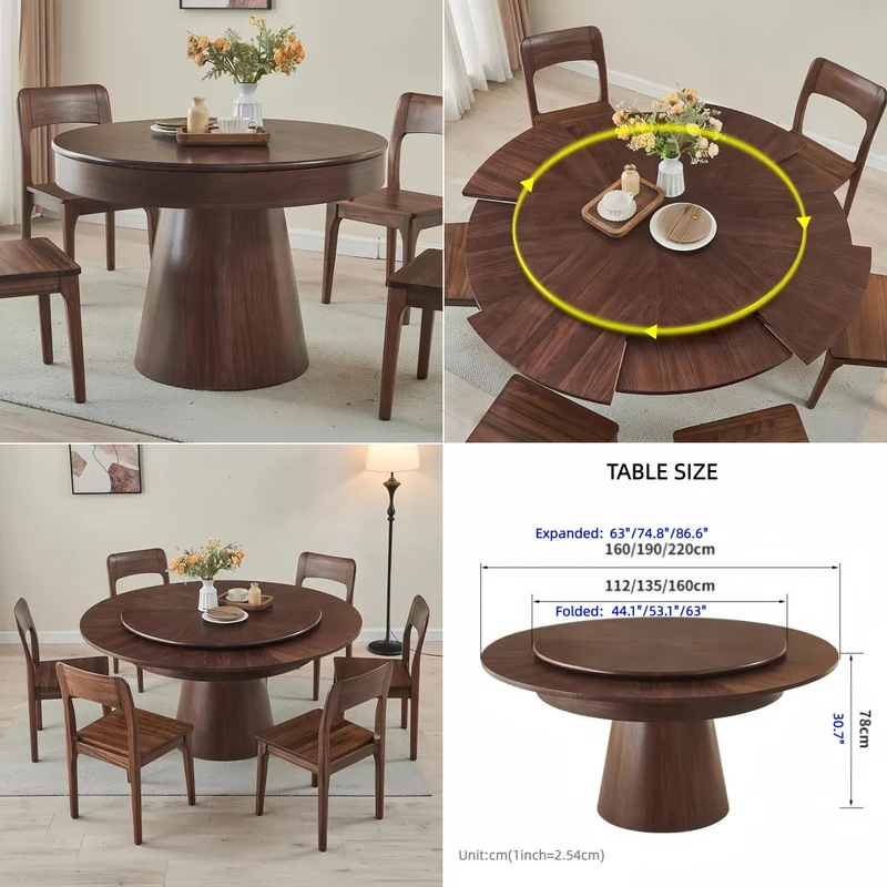 Table de salle à manger ronde en bois massif avec rallonge extensible pivotante et dissimulée
