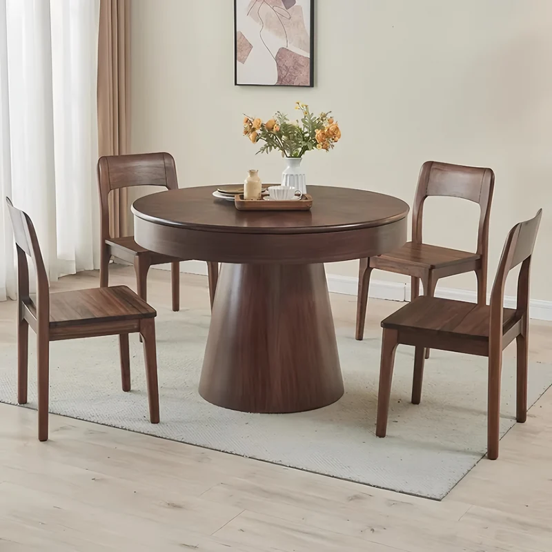 Table de salle à manger ronde en bois massif avec rallonge extensible pivotante et dissimulée