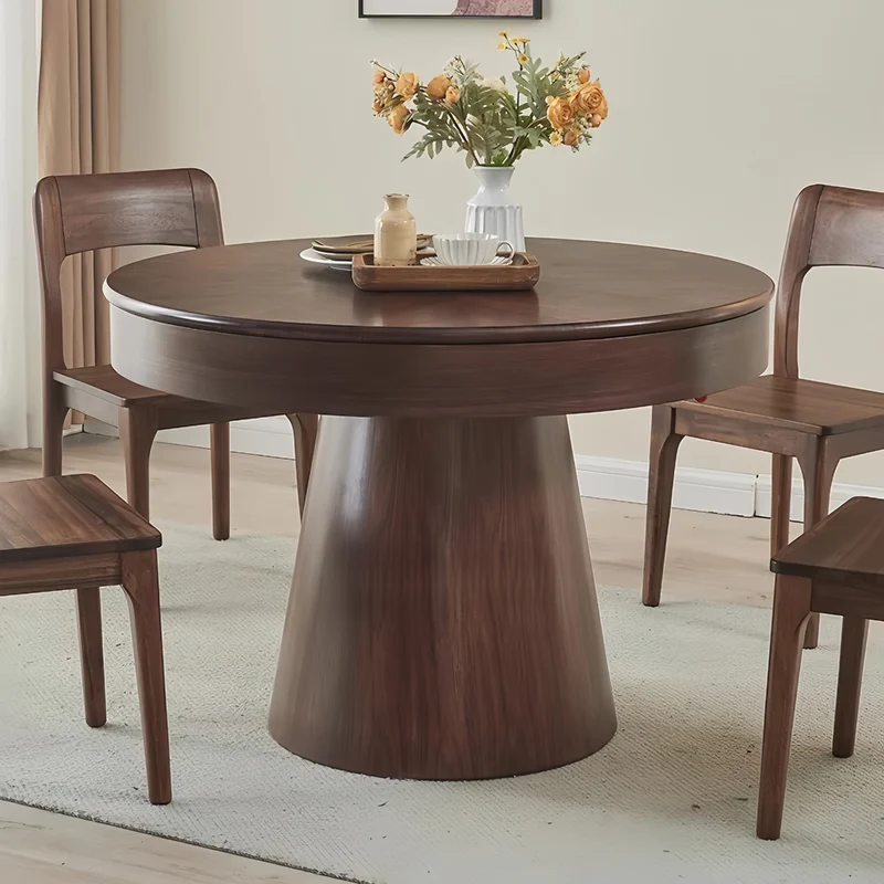 Table de salle à manger ronde en bois massif avec rallonge extensible pivotante et dissimulée