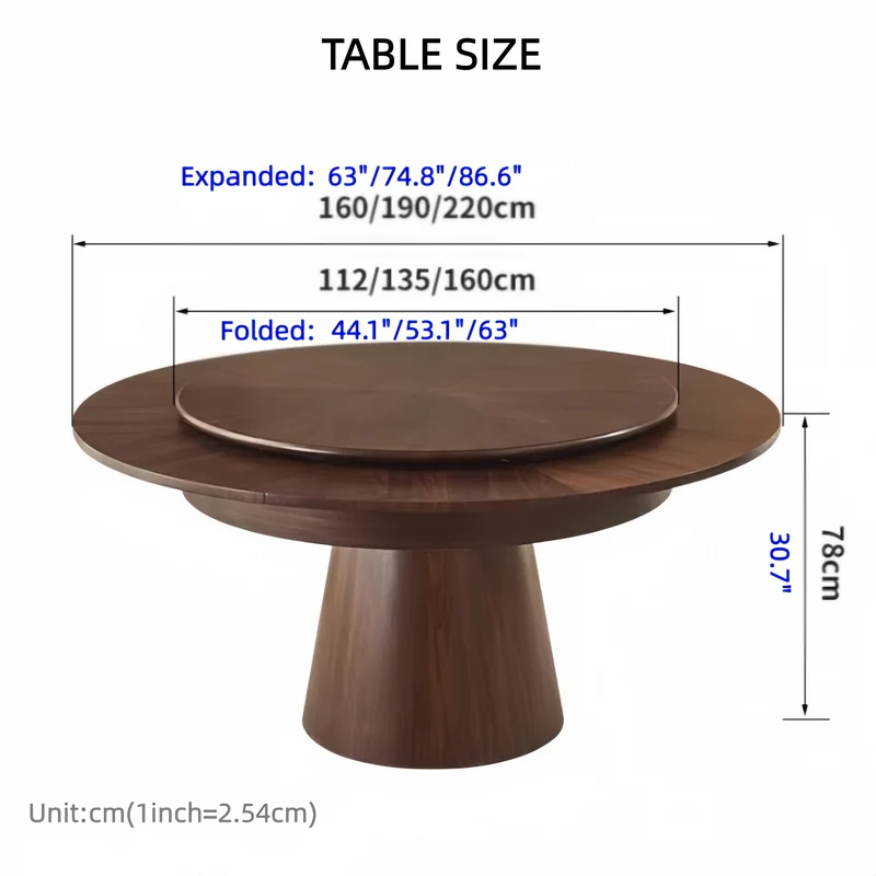 Table de salle à manger ronde en bois massif avec rallonge extensible pivotante et dissimulée