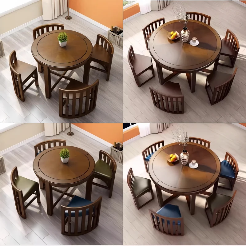 Ensemble table et chaises rondes en bois massif, peu encombrantes, avec chaises intégrées.