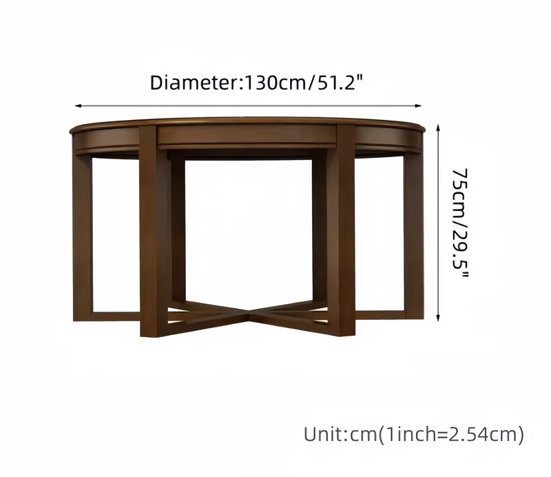 Ensemble table et chaises rondes en bois massif, peu encombrantes, avec chaises intégrées.