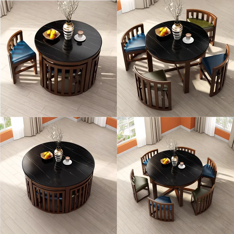 Ensemble table et chaises rondes en bois massif, peu encombrantes, avec chaises intégrées.