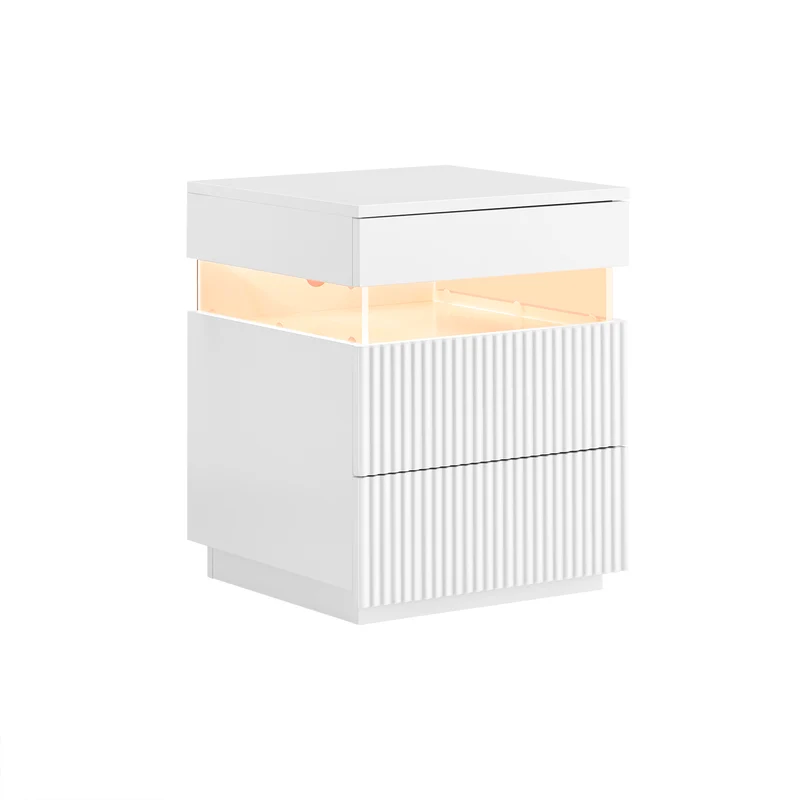 SoBuy FBT167-E-W Table de Chevet avec 3 Tiroirs, 2 Panneaux latéraux en Acrylique et éclairage LED, Design Moderne, Design Fonctionnel – L41×P40×H52 cm, Blanc