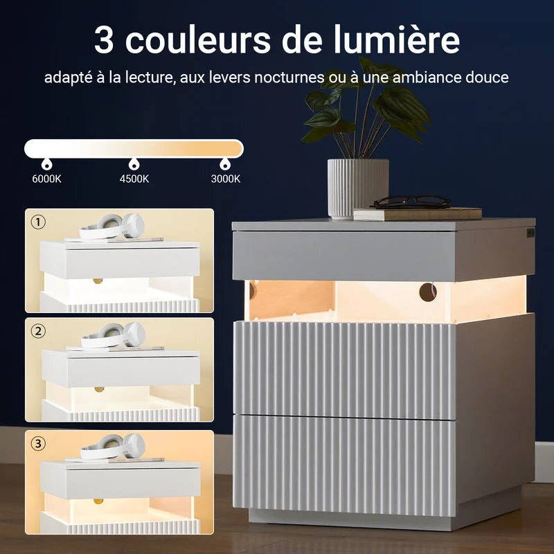 SoBuy FBT167-E-W Table de Chevet avec 3 Tiroirs, 2 Panneaux latéraux en Acrylique et éclairage LED, Design Moderne, Design Fonctionnel – L41×P40×H52 cm, Blanc