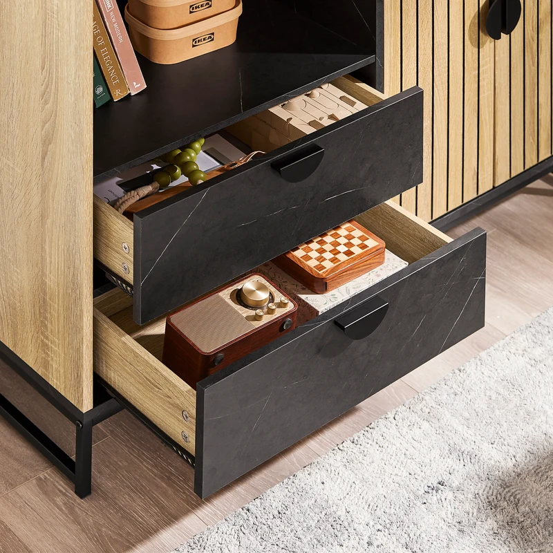 SoBuy FSB103-N Buffet Cuisine avec Niche Micro-Ondes et Étagère Réglable – L107 × P40 × H85 cm, Chêne / Noir