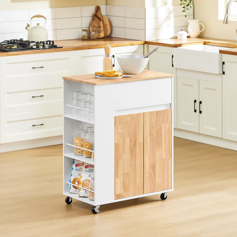 SoBuy FKW132-WN Desserte Cuisine avec Roues, pour Cuisine et Salle à Manger, Rangement Optimisé, Design Fonctionnel – L70×P40×H90 cm, Bois d’Hévéa, Blanc