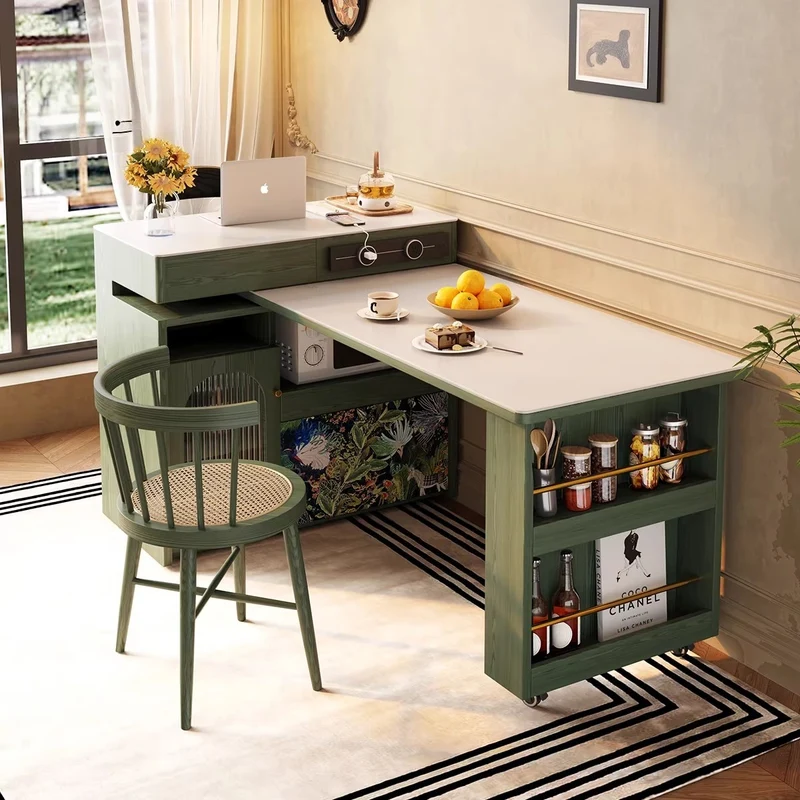 Îlot de cuisine avec plateau en pierre frittée et table pivotante à 180°