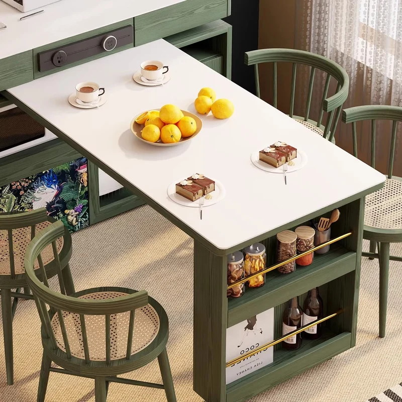 Îlot de cuisine avec plateau en pierre frittée et table pivotante à 180°