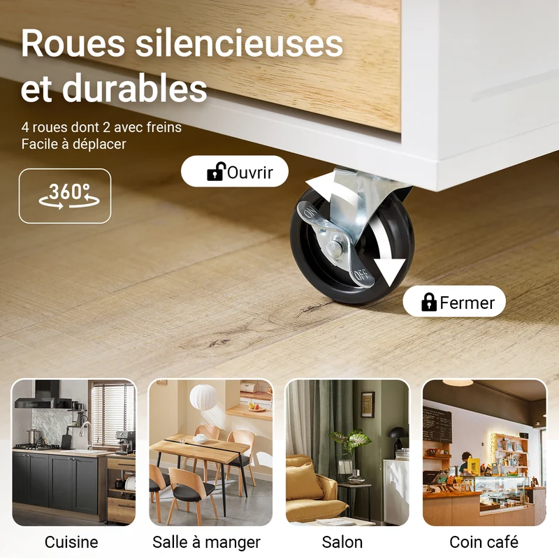 SoBuy FKW131-WN Desserte Cuisine avec Roues, pour Cuisine et Salle à Manger, Rangement Optimisé, Design Fonctionnel – L92×P42×H87 cm, Bois d’Hévéa, Blanc