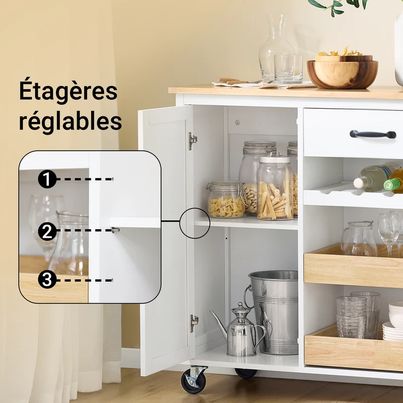 SoBuy FKW131-WN Desserte Cuisine avec Roues, pour Cuisine et Salle à Manger, Rangement Optimisé, Design Fonctionnel – L92×P42×H87 cm, Bois d’Hévéa, Blanc