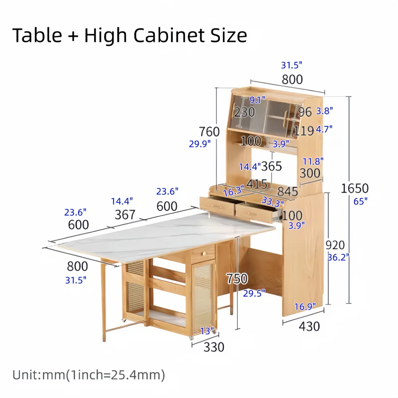 Table de salle à manger à double abattant avec buffet et 4 chaises pliantes