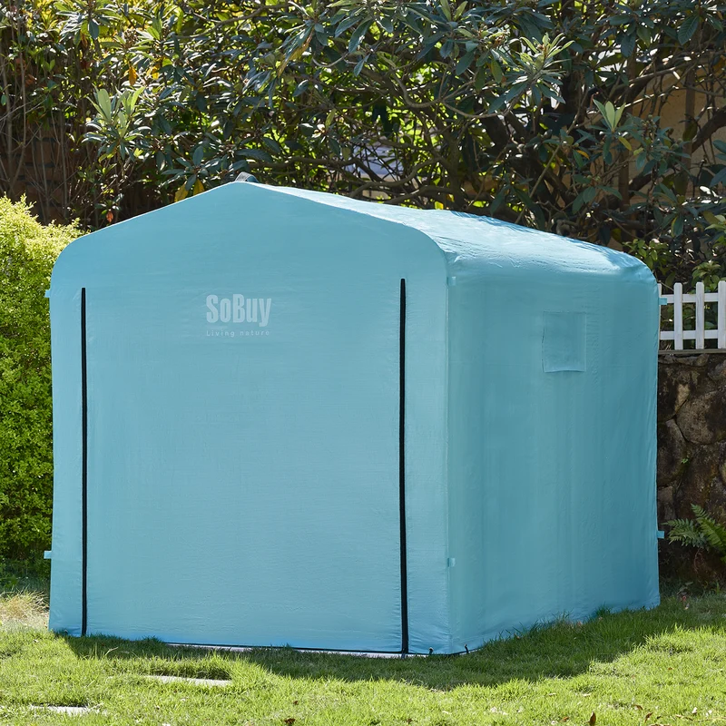 SoBuy KLS11-L-BL Abri de Jardin Imperméable avec Crochets, pour Vélo, Moto et Outils, Résistant à l’Humidité, Rangement Optimisé – L159×P219×H165 cm, Bleu Clair