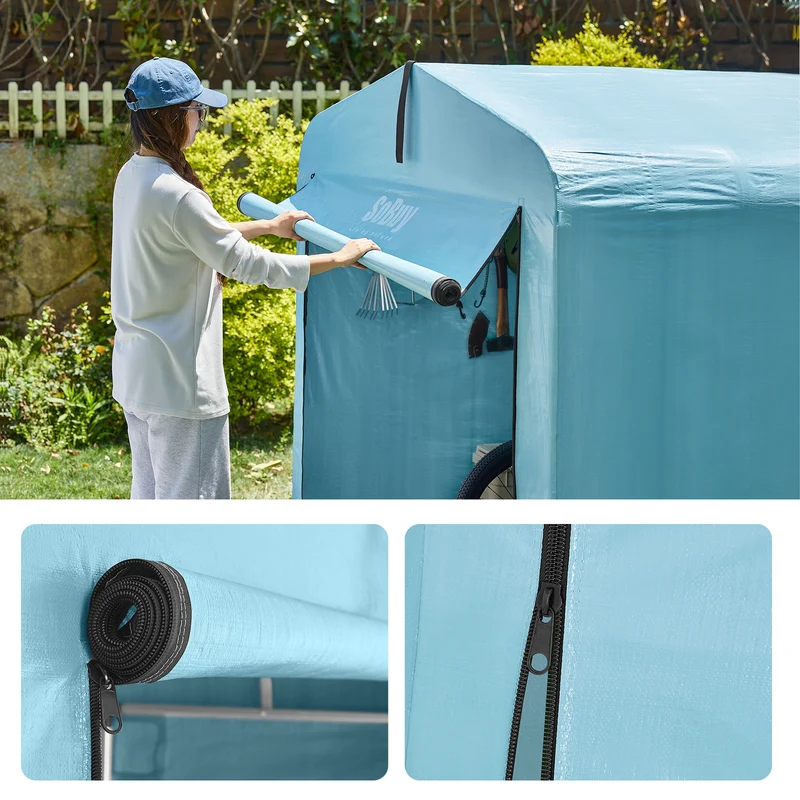 SoBuy KLS11-L-BL Abri de Jardin Imperméable avec Crochets, pour Vélo, Moto et Outils, Résistant à l’Humidité, Rangement Optimisé – L159×P219×H165 cm, Bleu Clair
