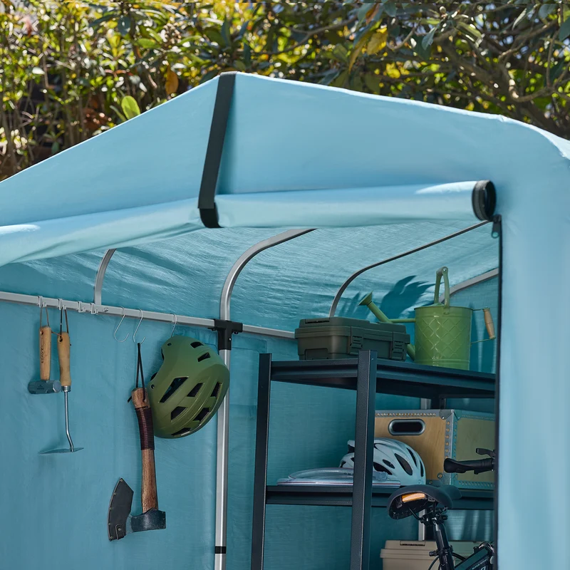 SoBuy KLS11-L-BL Abri de Jardin Imperméable avec Crochets, pour Vélo, Moto et Outils, Résistant à l’Humidité, Rangement Optimisé – L159×P219×H165 cm, Bleu Clair