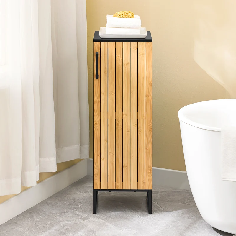 SoBuy BZR203-SCH Meuble Salle de Bain avec Porte Bambou, Gain de Place, Design Moderne, pour Salle de Bain et WC, Usage Quotidien – L30×P30×H90 cm, Bambou, Noir