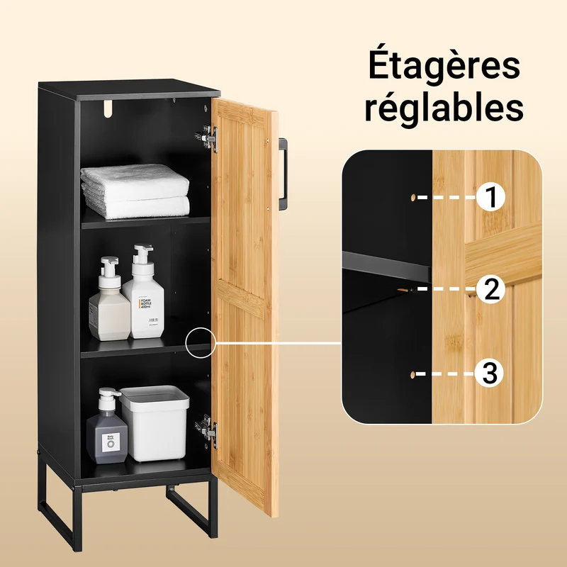 SoBuy BZR203-SCH Meuble Salle de Bain avec Porte Bambou, Gain de Place, Design Moderne, pour Salle de Bain et WC, Usage Quotidien – L30×P30×H90 cm, Bambou, Noir