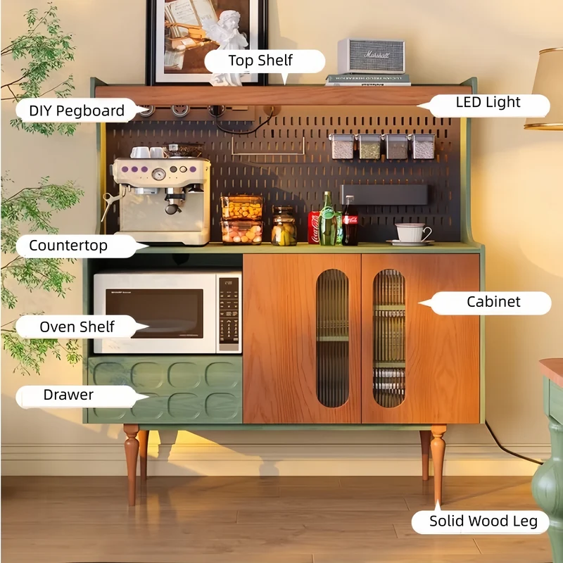 Buffet en bois massif style nordique rétro avec panneau perforé à monter soi-même