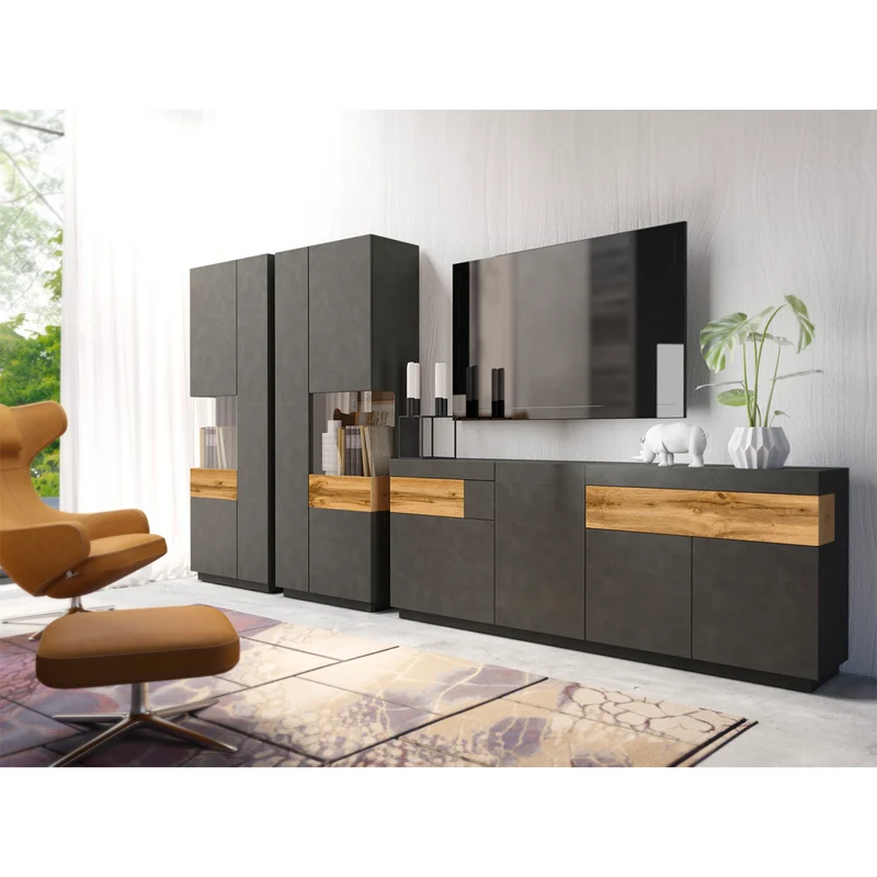 Buffet 4 portes 2 tiroirs Andrea Gris anthracite et Bois