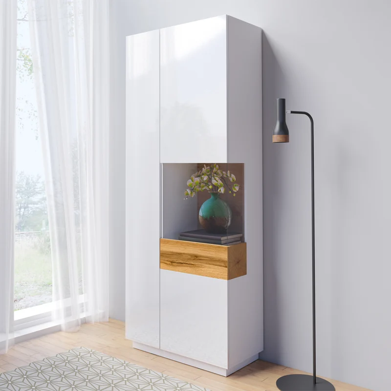 Vitrine 2 portes ouverture droite Andrea Blanc et Bois