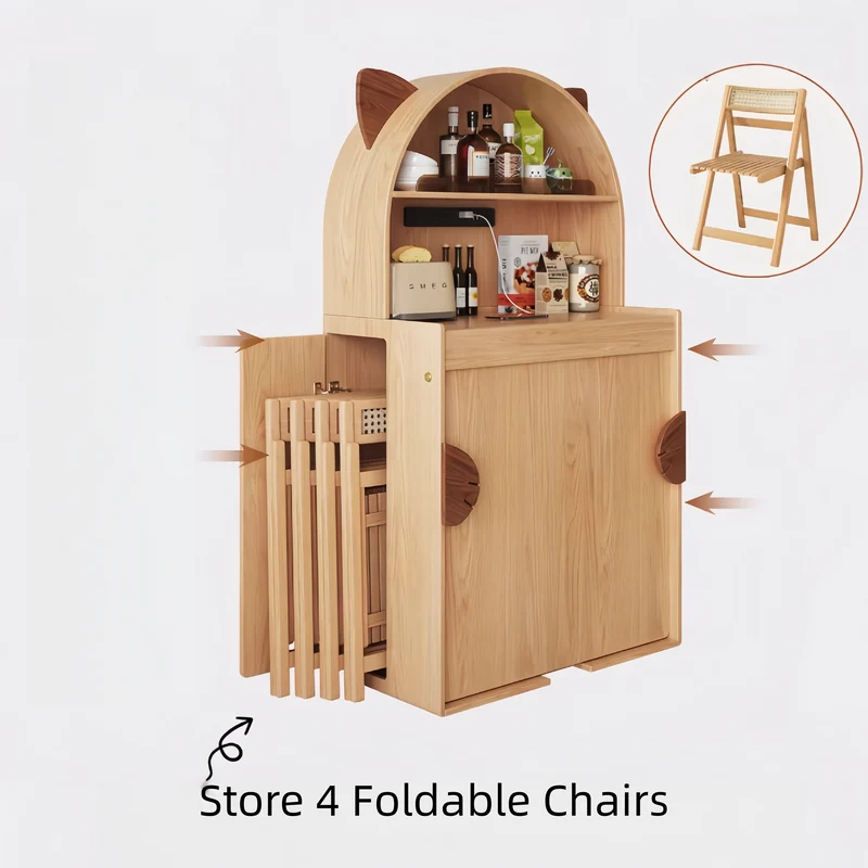 Table de salle à manger pliante en bois massif en forme de chat avec rangement pour chaises