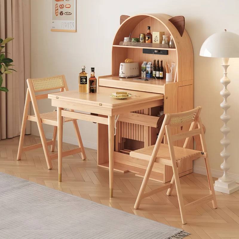 Table de salle à manger pliante en bois massif en forme de chat avec rangement pour chaises