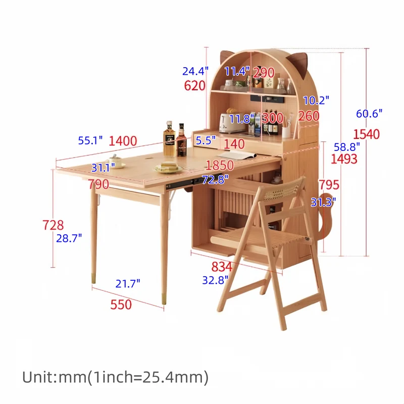 Table de salle à manger pliante en bois massif en forme de chat avec rangement pour chaises