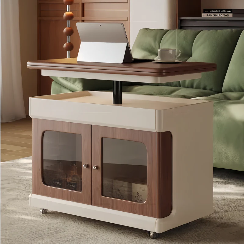 Table basse double multifonction relevable et extensible avec roulettes universelles