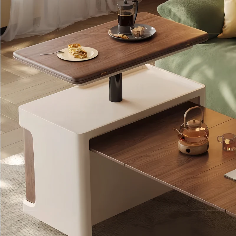 Table basse double multifonction relevable et extensible avec roulettes universelles