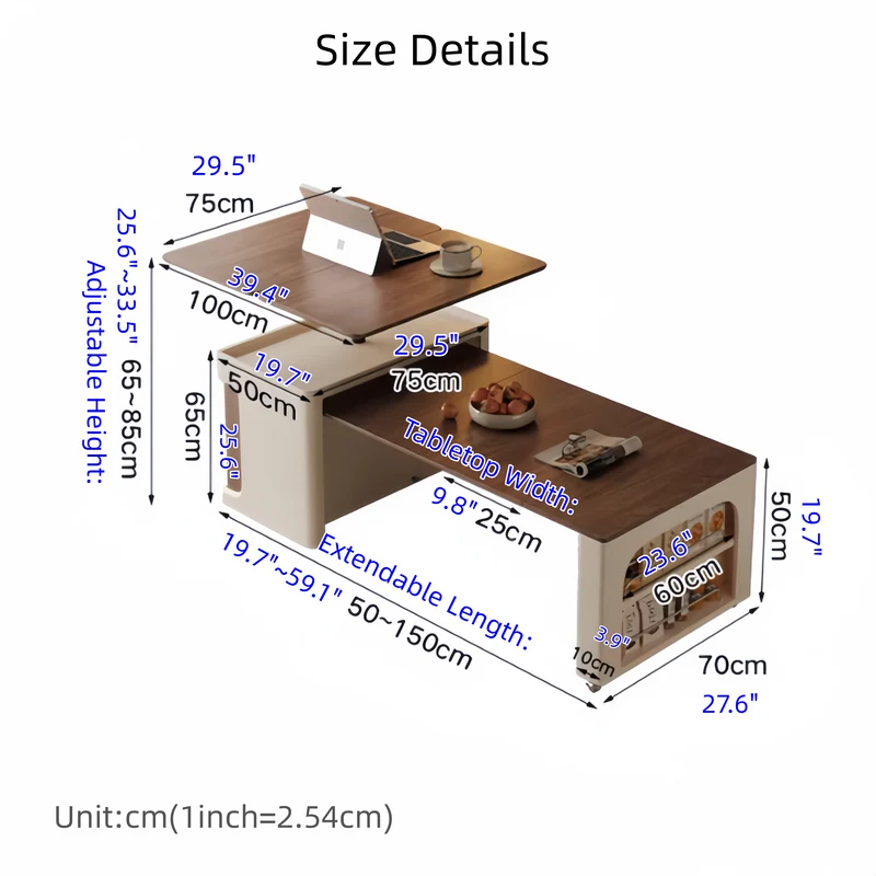 Table basse double multifonction relevable et extensible avec roulettes universelles